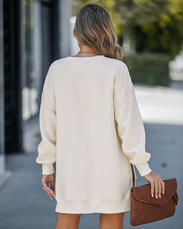 Letter Patch Detail Long Sleeve Drop Shoulder Pullover Sweatshirt Casual Zipper Side Slit Top