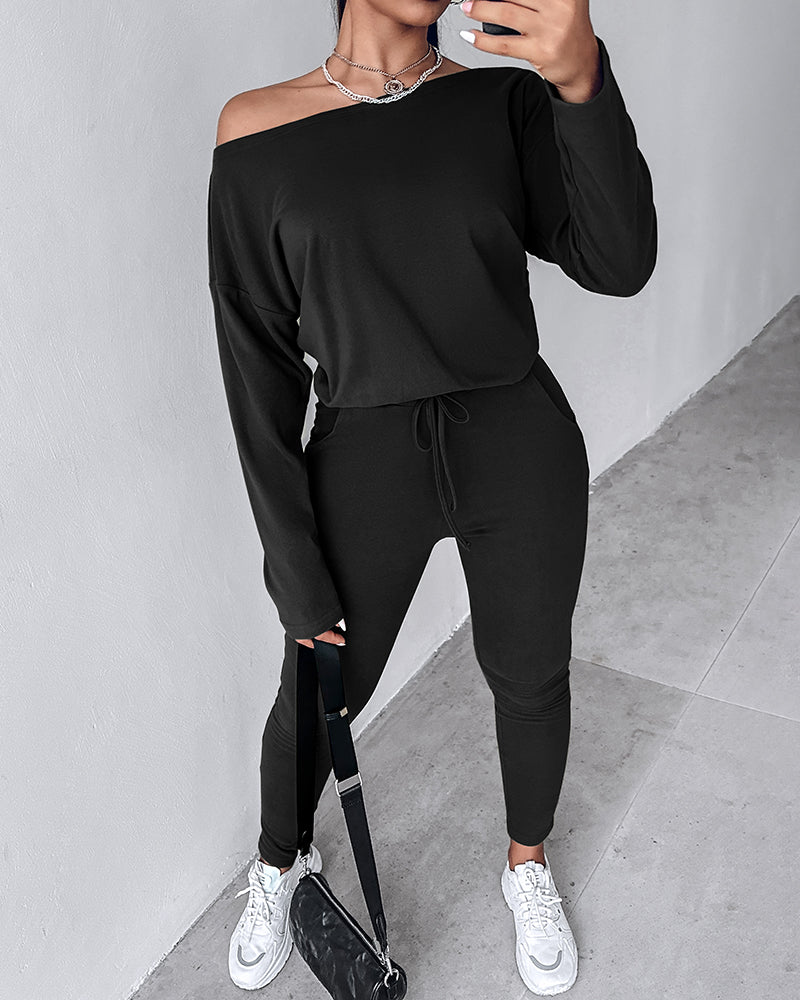 2 Pieces Outfit Long Sleeve Skew Neck Pullover Top and Drawstring Elastic Waist Slim Fit Pants Set