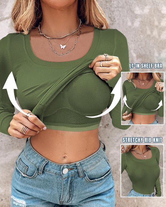 Chicme Built In Bra U Neck Long Sleeve Ribbed Top