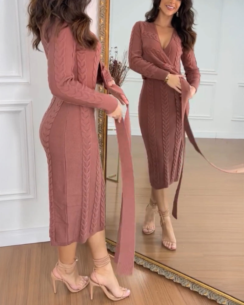 Cable Textured Overlap Deep V-Neck Long Sleeve Mid-Length Dress Tie Waist Slim Fit Knit Dress