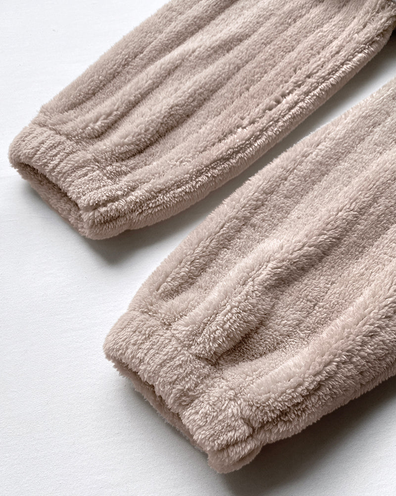 Textured Striped Turn-down Collar Button Front Elastic Cuff and Hem Teddy Fleece Jacket With Decorative Flap Pockets