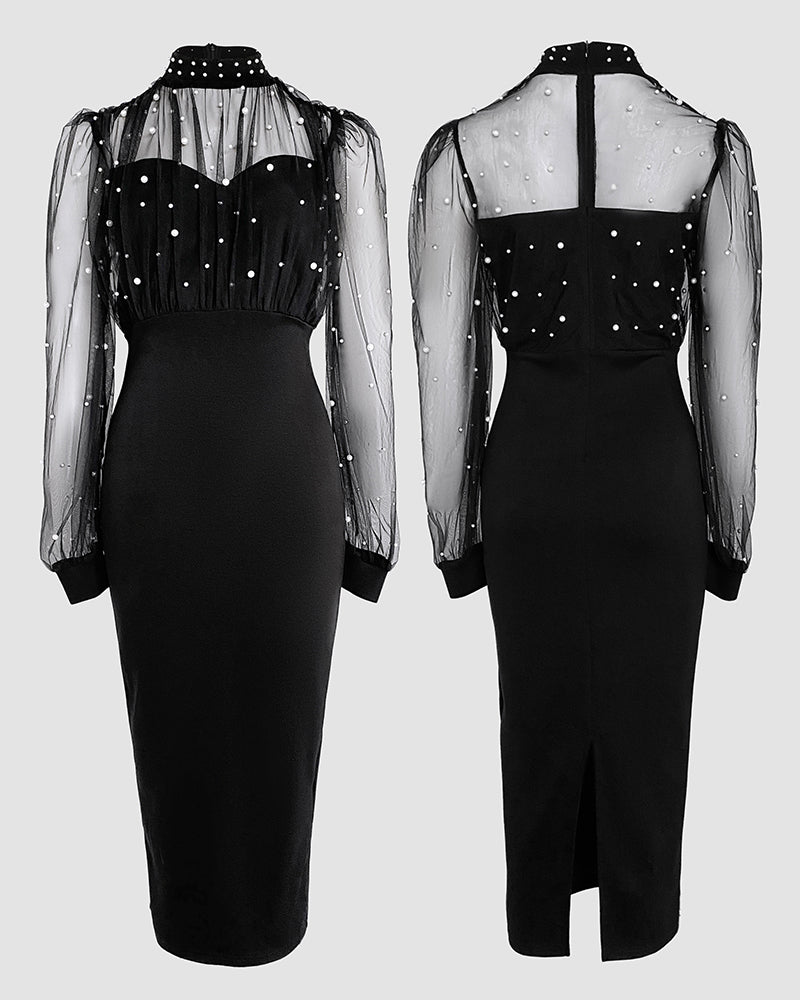 Mock Neck Sheer Mesh Spliced Beaded Bodycon Dress Zipper Back Slit Party Dress