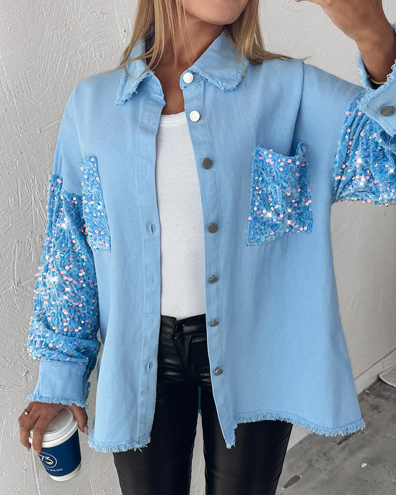 Casual Jacket Sequin Patchwork Long Sleeve Jacket Top Button Front Raw Hem Oversized Denim Shacket
