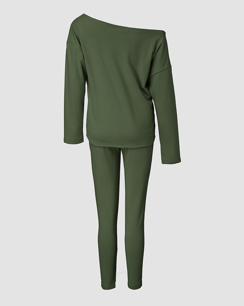 2 Pieces Outfit Long Sleeve Skew Neck Pullover Top and Drawstring Elastic Waist Slim Fit Pants Set