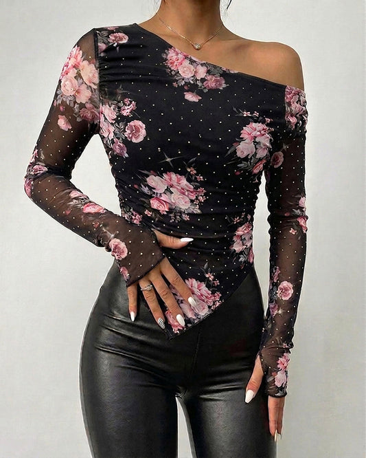 Women's Skew Neck Floral Mesh Top Rhinestone Long Sleeve Shirt Ruched Slim Fit Asymmetrical Hem Blouse with Thumbholes