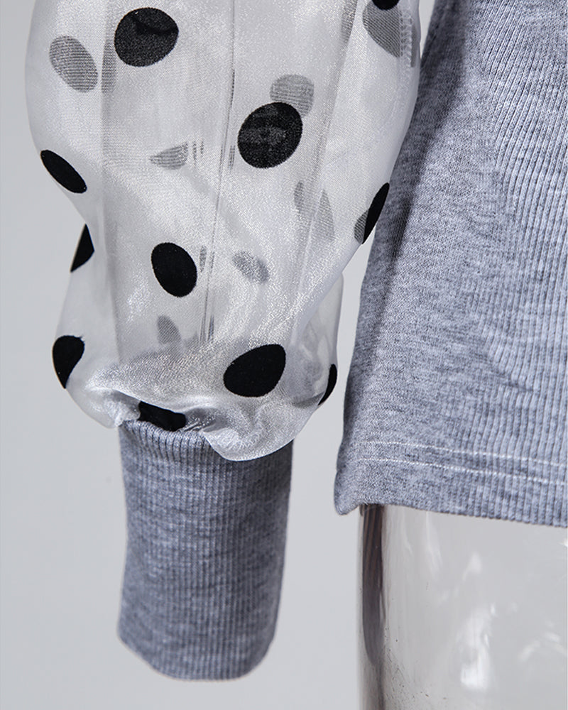 Dot Mesh Patch Mock Neck Puff Sleeve Blouse Casaul Pullover Knit Top