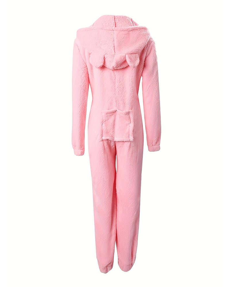 3D Ear Buttoned Flap Functional Fluffy Lounge Jumpsuit
