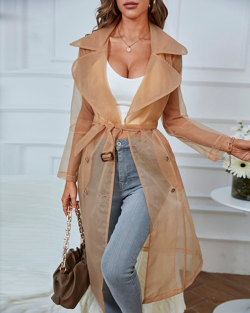 Notched Collar Long Sleeve Double Breasted Sheer Mesh Jacket Casual Longline Trench Coat with Belt