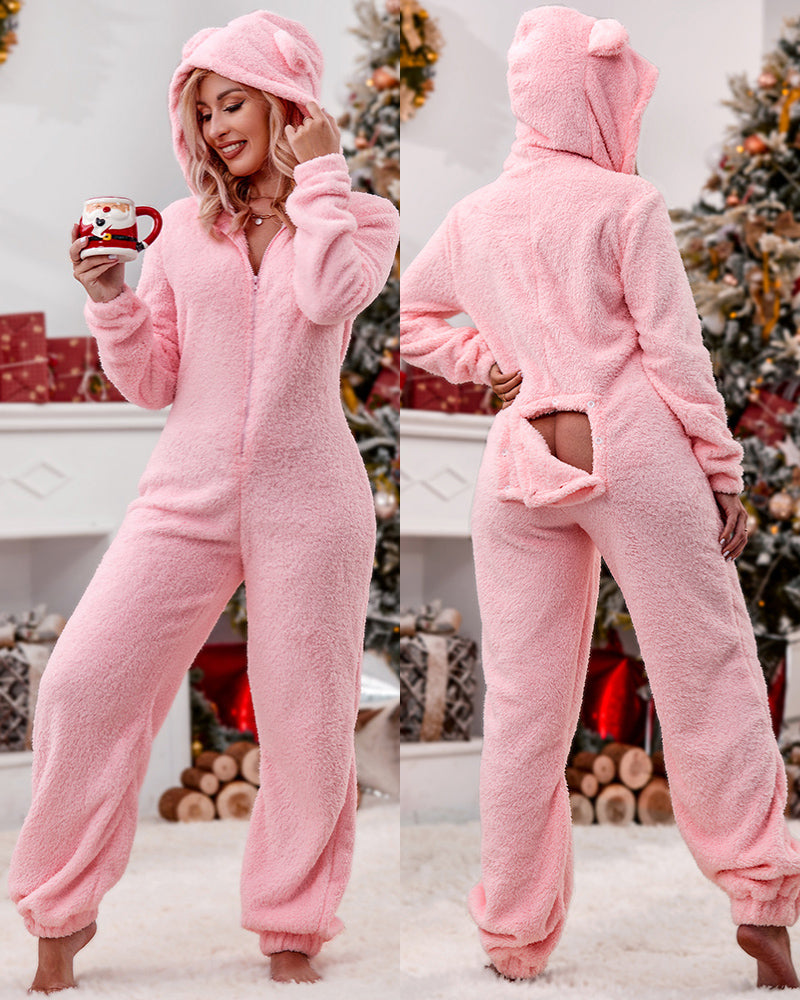 3D Ear Buttoned Flap Functional Fluffy Lounge Jumpsuit