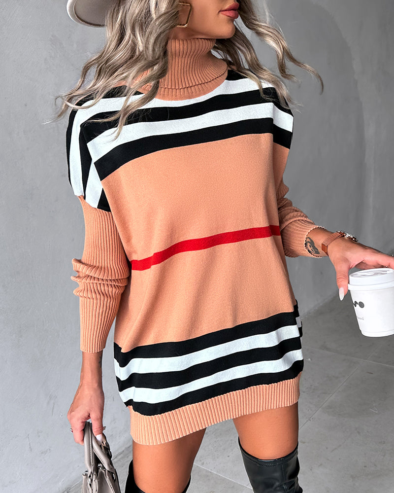 Striped Colorblock High Neck Knit Casual Sweater
