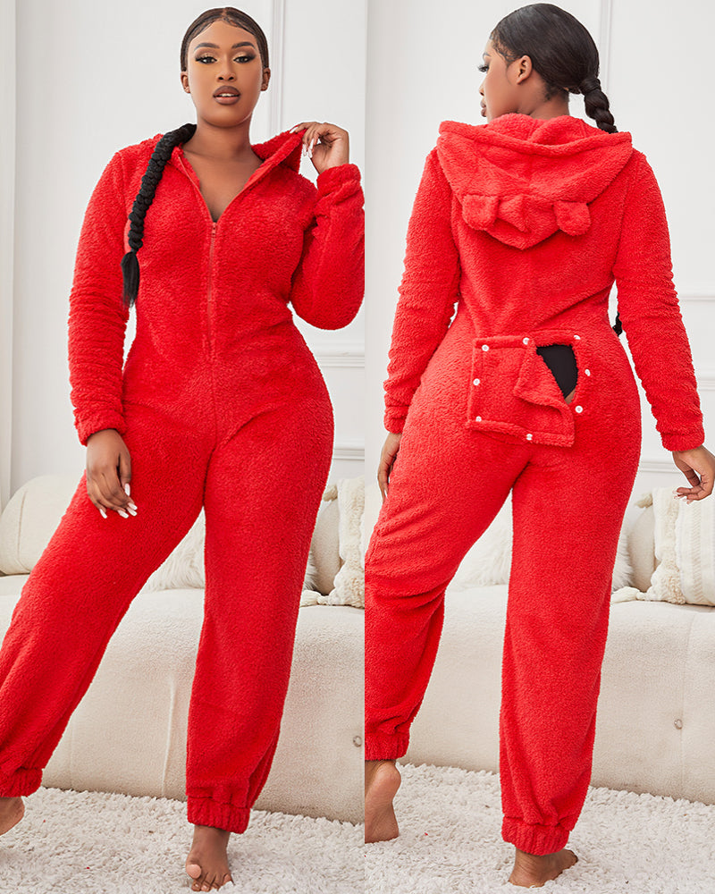 3D Ear Buttoned Flap Functional Fluffy Lounge Jumpsuit