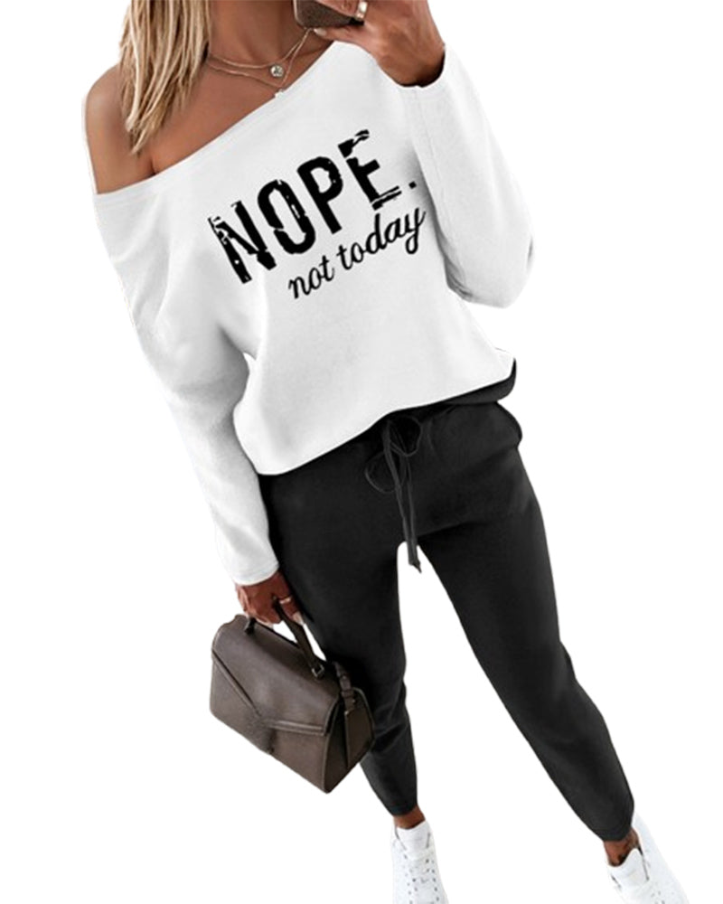 2 Pieces Outfit NOPE. not today Slogan Print Skew Neck Long Sleeve Pullover Top and Casual Drawstring Stretchy Waist Slim Fit Pants Set