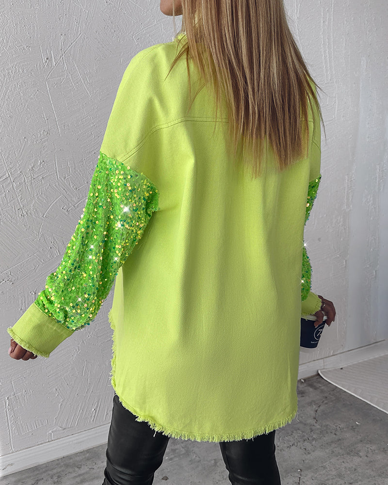 Casual Jacket Sequin Patchwork Long Sleeve Jacket Top Button Front Raw Hem Oversized Denim Shacket