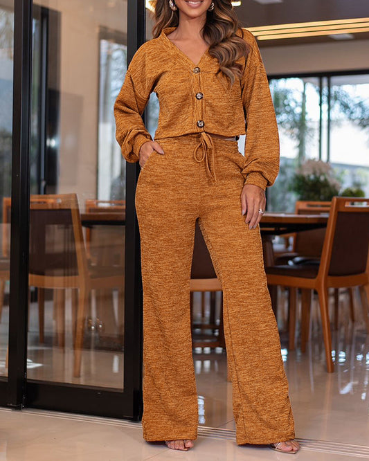 2 Pieces Outfit Fuzzy Knit Lantern Sleeve Cardigan and Casual Drawstring Wide Leg Pants Set