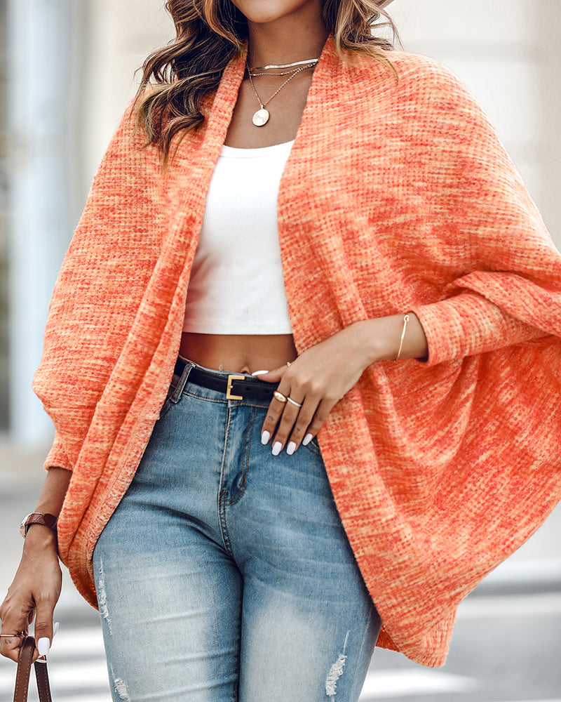 Colorful Waffle Knit Open Front Coat Batwing Long Sleeve Cardigan