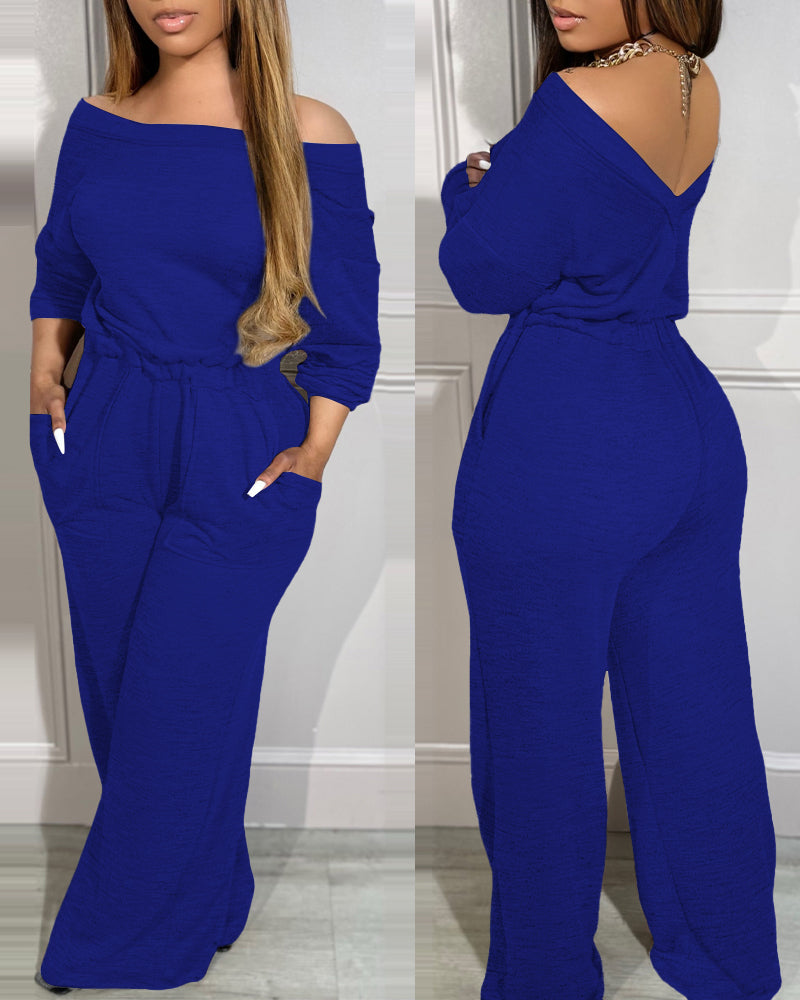 Off Shoulder V-Back Elastic Waist Pockets Design Jumpsuit Casual Drop Shoulder Cinched Waist Wide Leg Jumpsuit