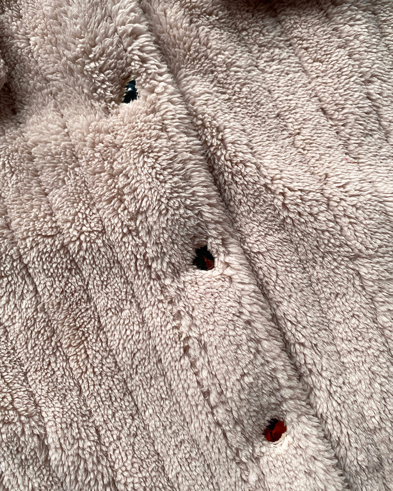 Textured Striped Turn-down Collar Button Front Elastic Cuff and Hem Teddy Fleece Jacket With Decorative Flap Pockets