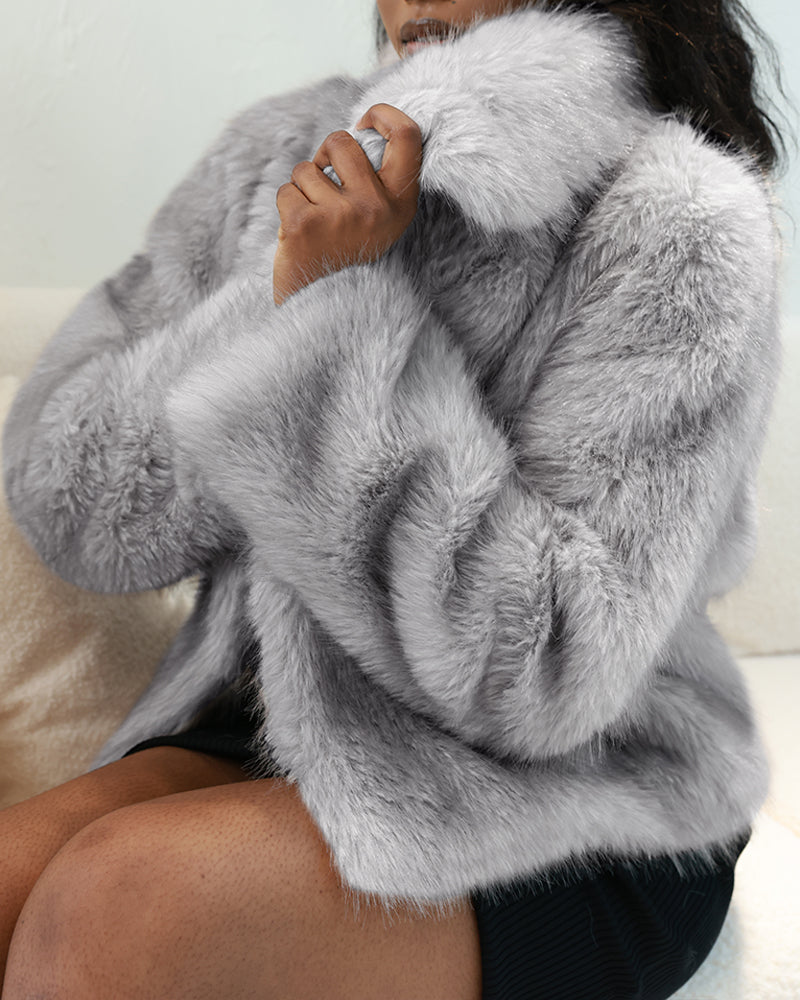 Turn-down Collar Long Sleeve Faux Fur Coat Jacket Casual Warm Fluffy Cropped Coat