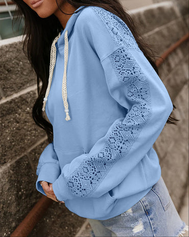 CHICMELIVE Women's Lightweight Crochet Lace Sleeve Hoodie Sweatshirt Tops
