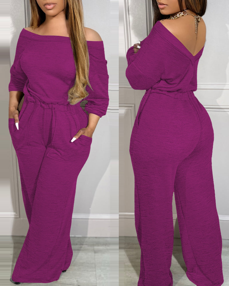 Off Shoulder V-Back Elastic Waist Pockets Design Jumpsuit Casual Drop Shoulder Cinched Waist Wide Leg Jumpsuit