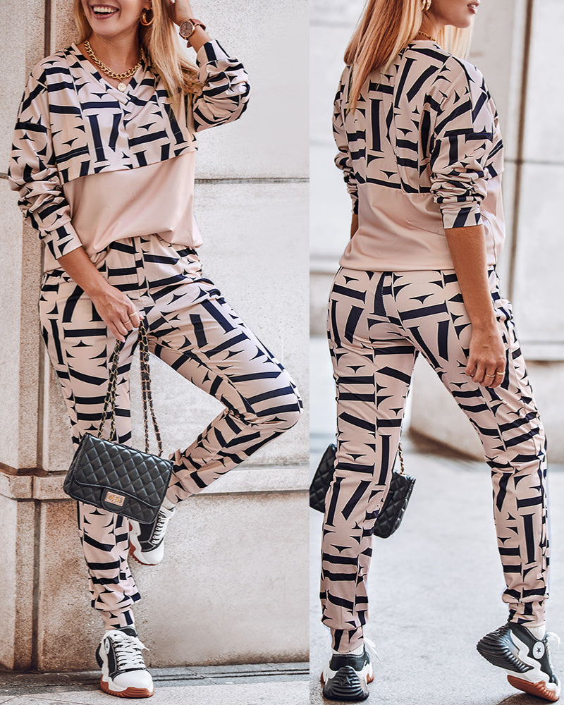 Geo Letter Print Long Sleeve Top & Pants Set