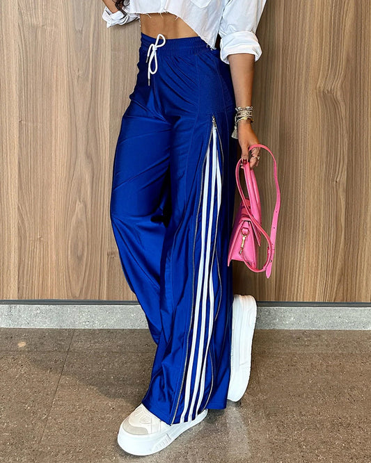 Contrast Side Striped & Zipper Slit Side Drawstring Elastic Waist Trousers Casual Wide Leg Pants