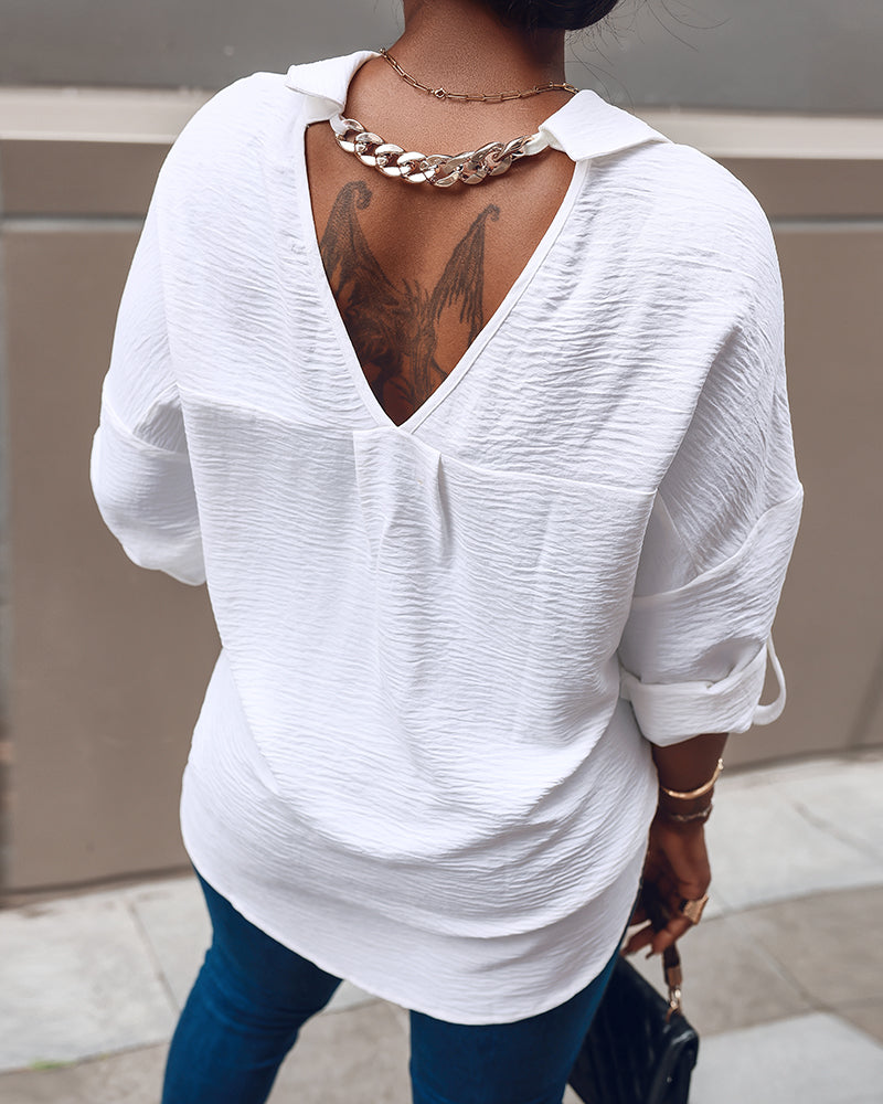 Metal Chain Decor Turn-down Collar Turn-Up Sleeves Front Button Shirt Casual Backless Asymmetrical Hem Top