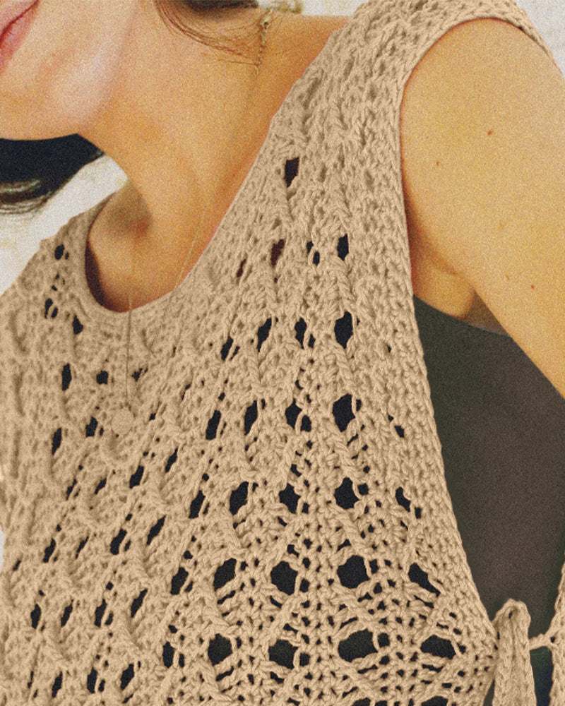 Round Neck Sleeveless Hollow-out Crochet Sweater Casual Tie Side Breathable Crop Top