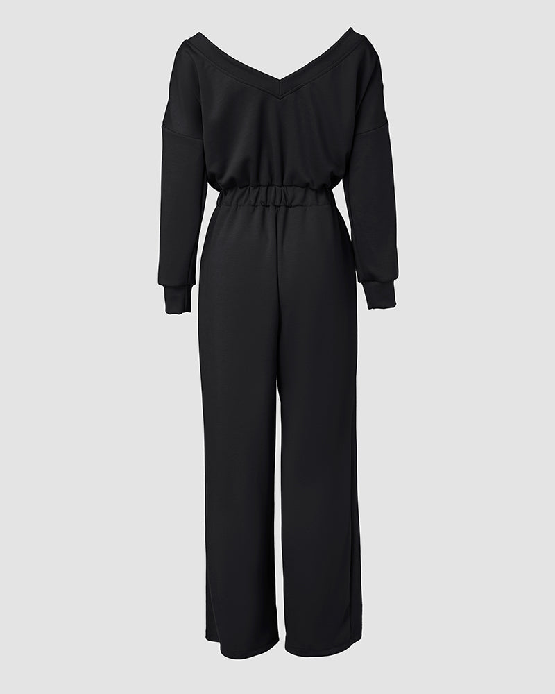 Off Shoulder V-Back Elastic Waist Pockets Design Jumpsuit Casual Drop Shoulder Cinched Waist Wide Leg Jumpsuit