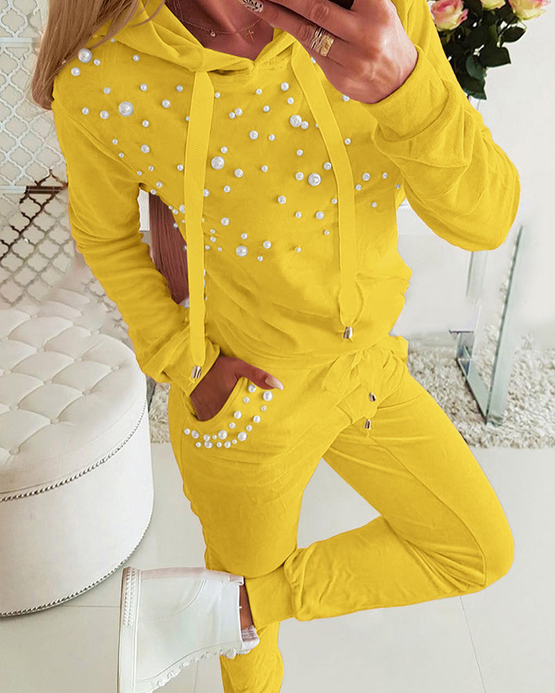 Beaded Hooded Top & Drawstring Pants Set