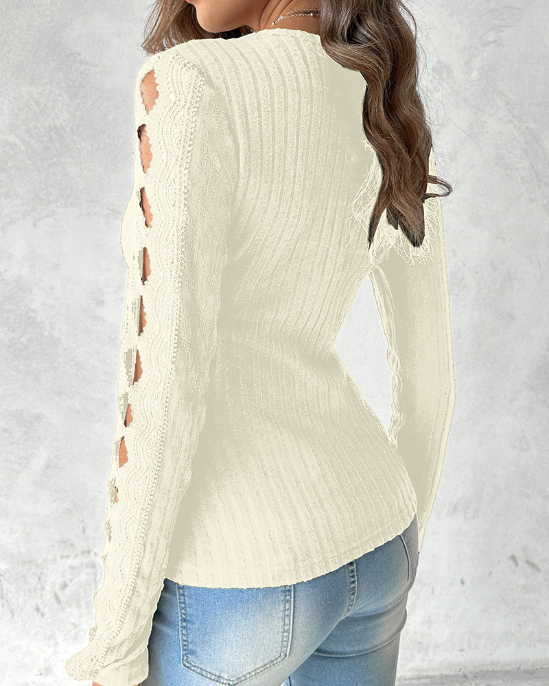 Overlap V-Neck Lace Trim Hollow-out Long Sleeve Tee Slim Fit Ribbed Layering Top