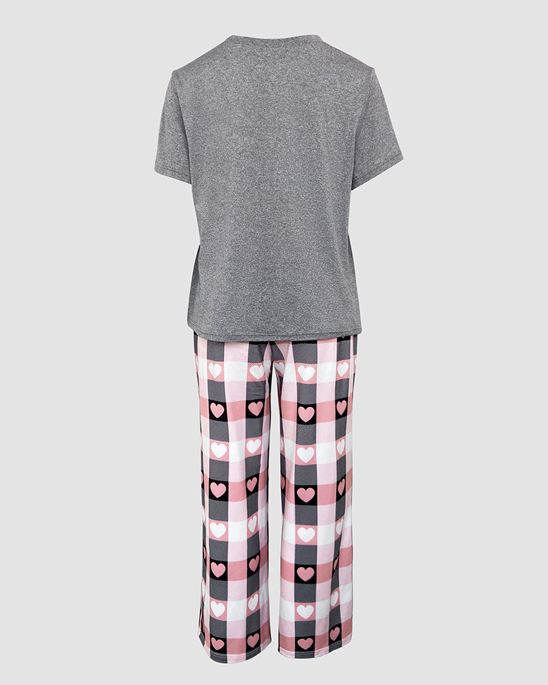 2 Pieces Outfit Floral Print Short Sleeve Top and Casual Plaid Heart Pattren Lounge Pants Set