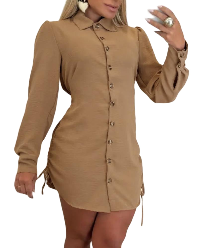 Button Down Shirt Dress Roll Tab Sleeve Side Drawstring Mini Dresses