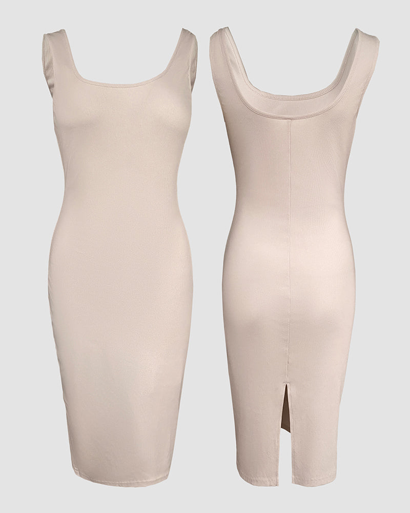 2 Pieces Outfit U-Neck Slit Back Slim Fit Knit Tank Dress and Pearl Button Front Baseball Coat Casual Ribbed Set