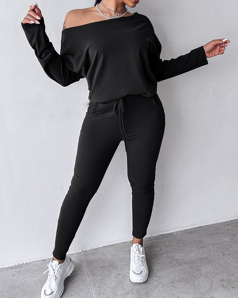 2 Pieces Outfit Long Sleeve Skew Neck Pullover Top and Drawstring Elastic Waist Slim Fit Pants Set