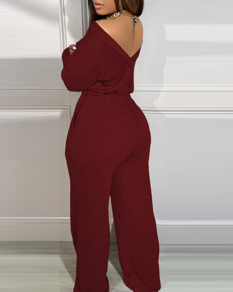 Off Shoulder V-Back Elastic Waist Pockets Design Jumpsuit Casual Drop Shoulder Cinched Waist Wide Leg Jumpsuit
