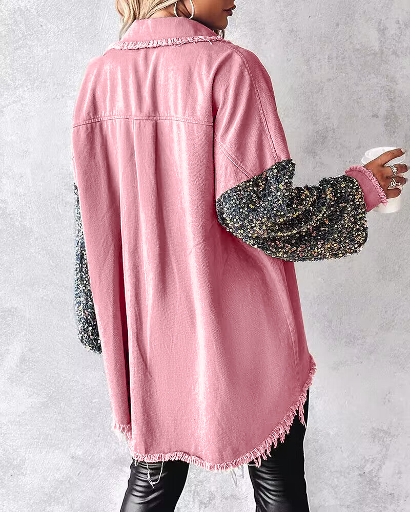 Casual Jacket Sequin Patchwork Long Sleeve Jacket Top Button Front Raw Hem Oversized Denim Shacket
