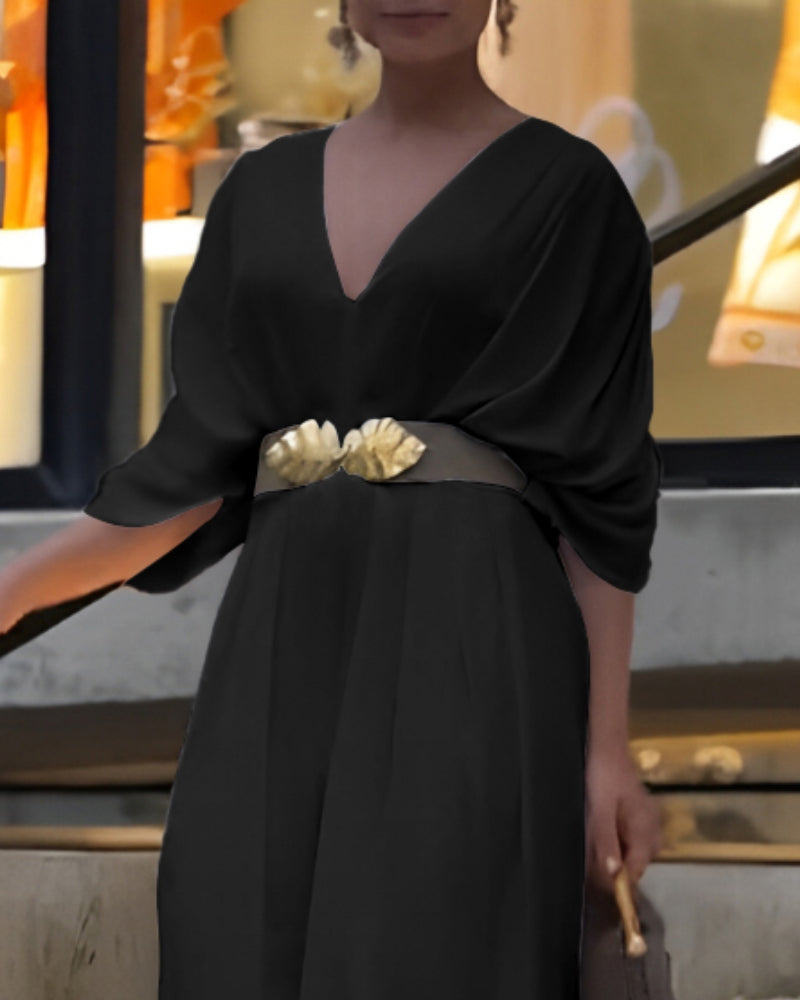 Deep V-Neck Ruched Three Quarters Sleeve Backless Overalls Casual Waist-Gathered Tied Detail Jumpsuit without Belt