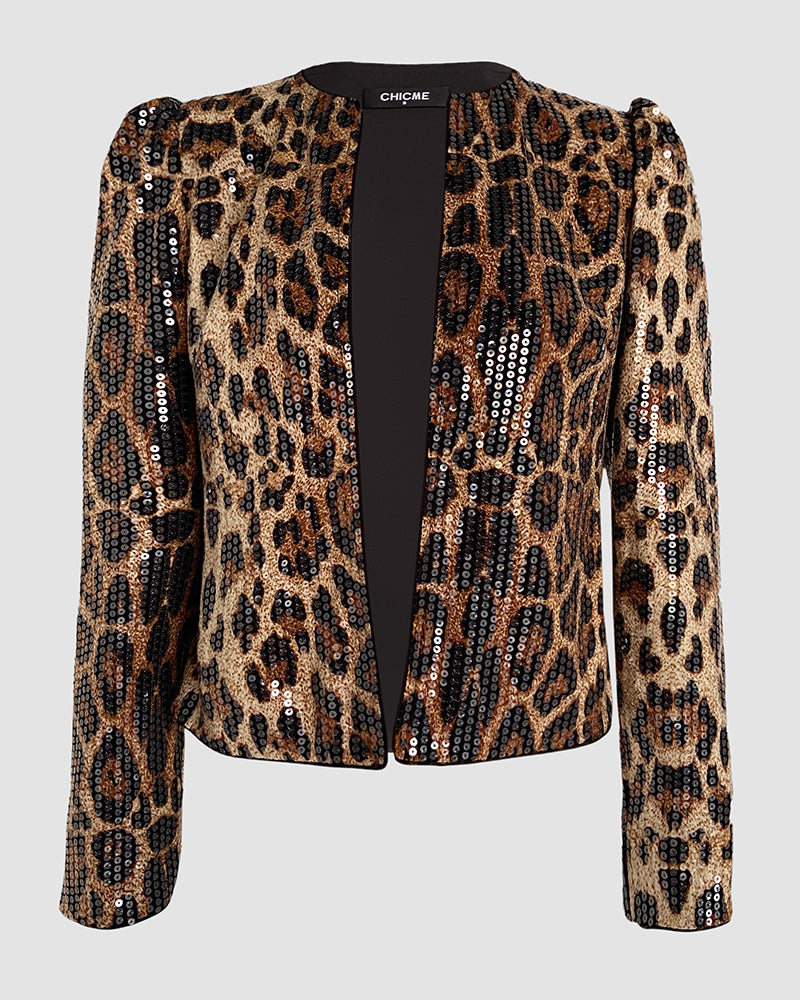 Allover Sequin Leopard Print Puff Sleeve Open Front Slim Fit Jacket Casual Crop Coat