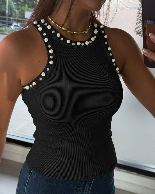 Women's Pearls Rhinestone Knit Racerback Tank Top Ribbed Crewneck Sleeveless Top