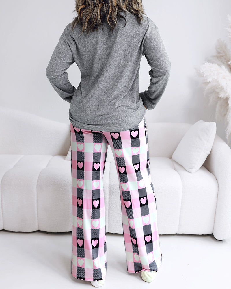 2 Pieces Outfit Letter and Heart Print Long Sleeve Top and Casual Plaid Pnats Sets with Pocket
