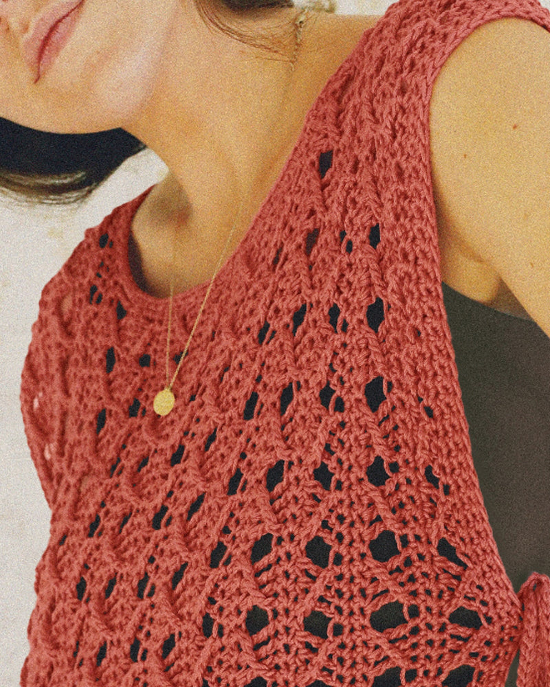 Round Neck Sleeveless Hollow-out Crochet Sweater Casual Tie Side Breathable Crop Top