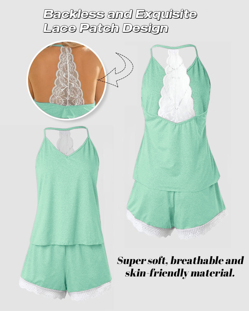Crochet Lace Trim Backless Cami Top and Shorts Set Pajams Set Sleepwear
