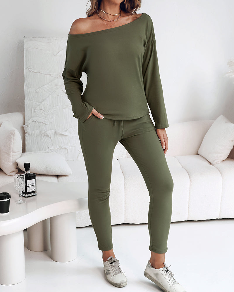 2 Pieces Outfit Long Sleeve Skew Neck Pullover Top and Drawstring Elastic Waist Slim Fit Pants Set