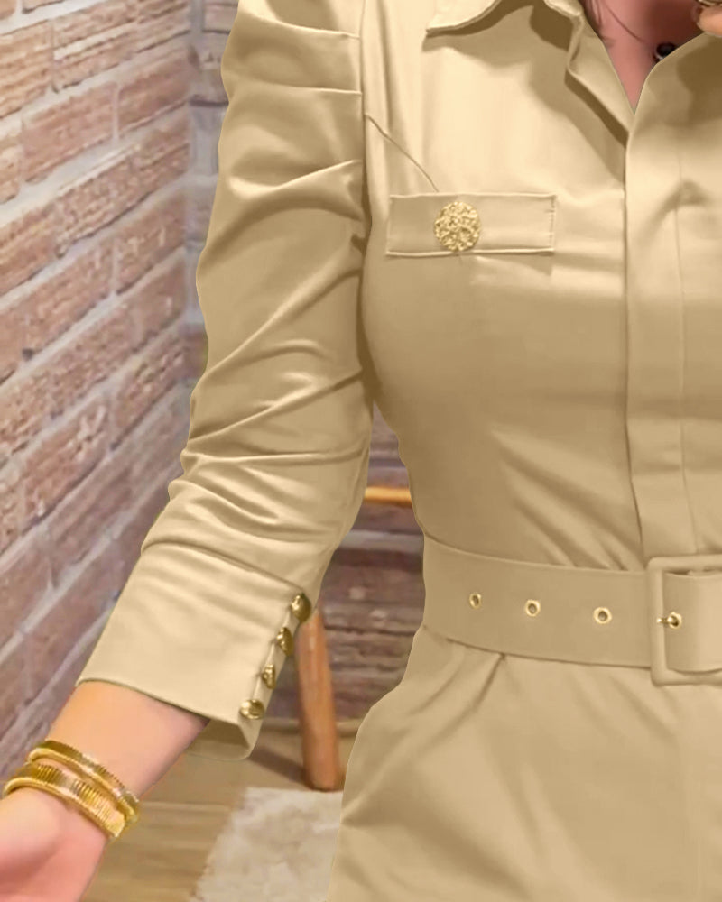 Turn-down Collar Long Sleeve Button Decor Front Slit Slim Fit Mid-Calf Dress Work Bodycon