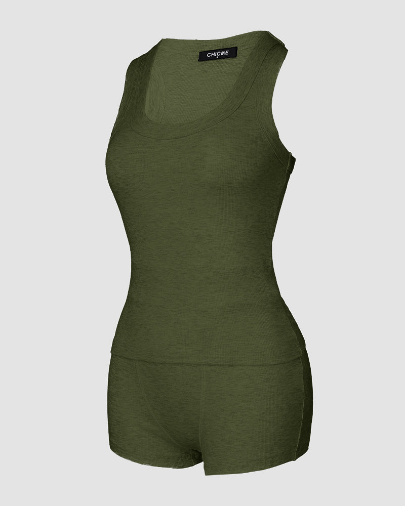 2PCS Micro-Ribbed U-Neck Tank Top & Boxer Set Cozy Loungewear
