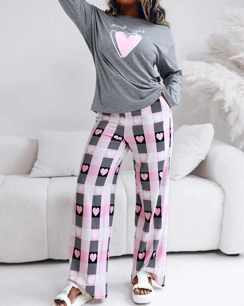2 Pieces Outfit Letter and Heart Print Long Sleeve Top and Casual Plaid Pnats Sets with Pocket