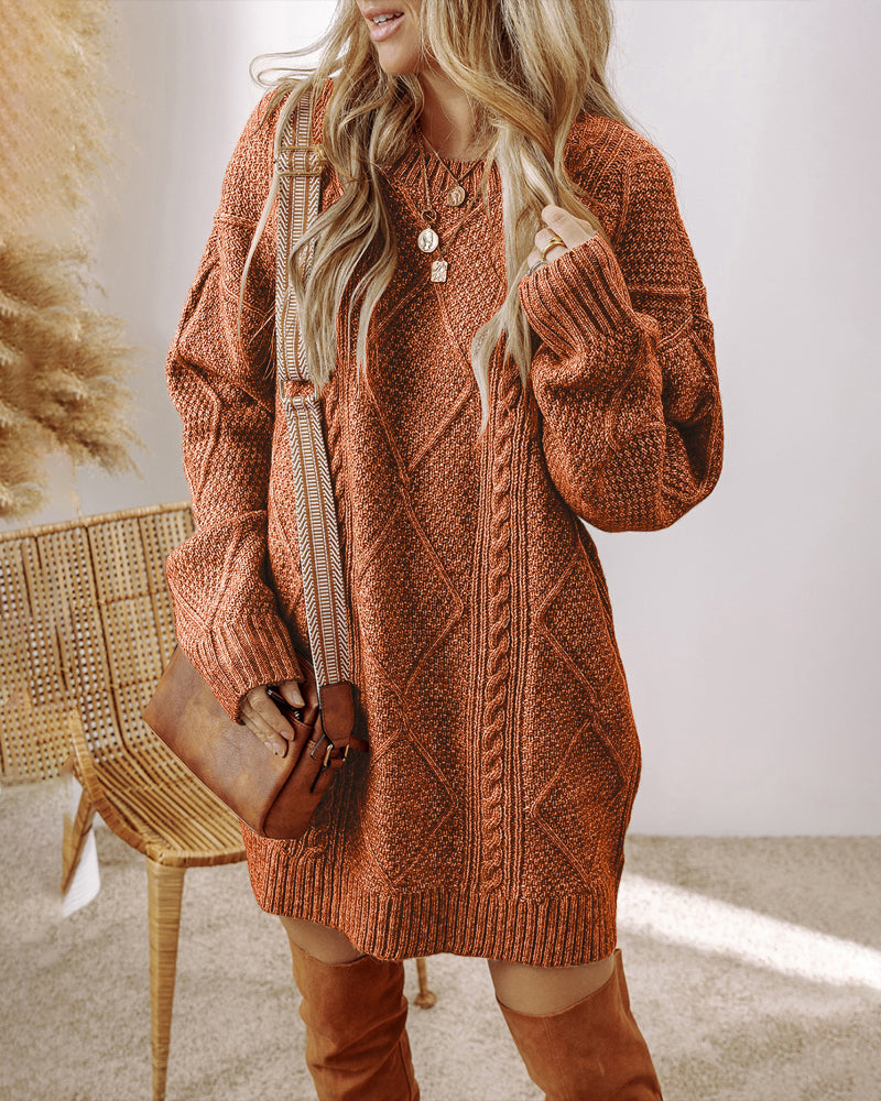 Round Neck Long Sleeve Drop Shoulder Pullover Sweater Casual Loose Fit Cable Knit Mid-length Sweater