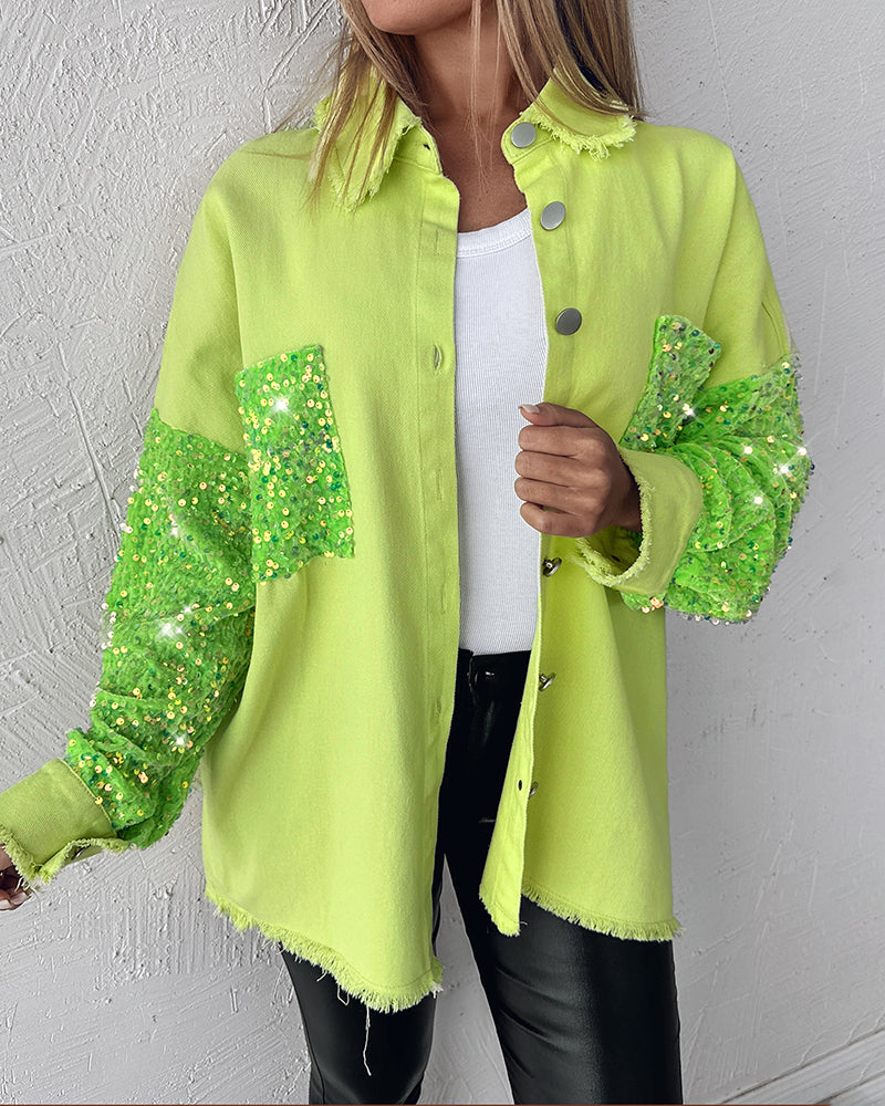 Casual Jacket Sequin Patchwork Long Sleeve Jacket Top Button Front Raw Hem Oversized Denim Shacket