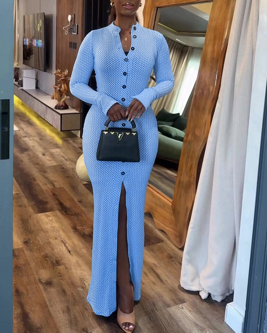 Women's Vintage Plaid Button Front Slit Maxi Dress Long Sleeve Stand Collar Slim Fit Knit Dress